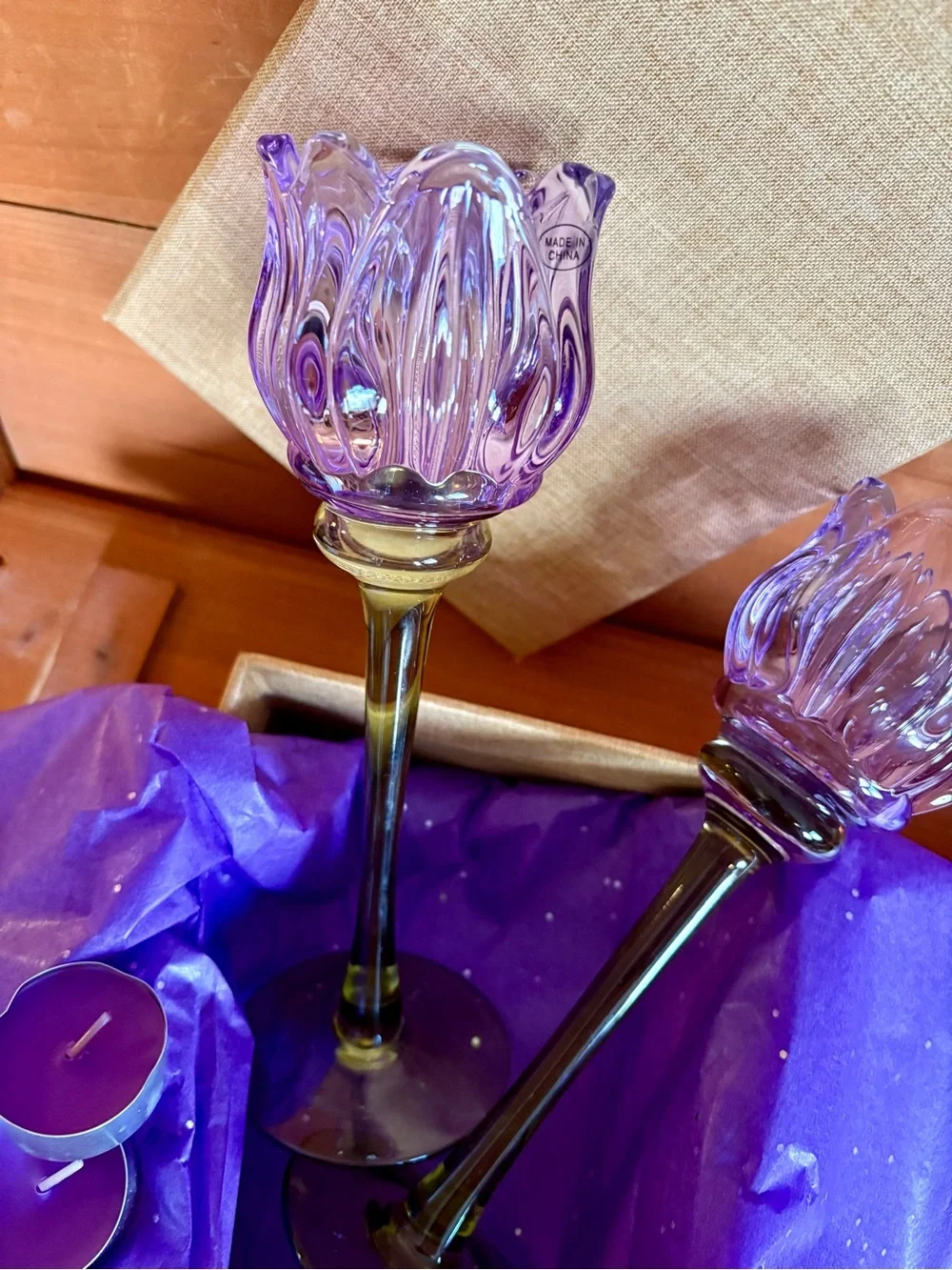 Glass Purple Tulip Tea-Light Candle Holders Set Floral Scalloped Candlesticks